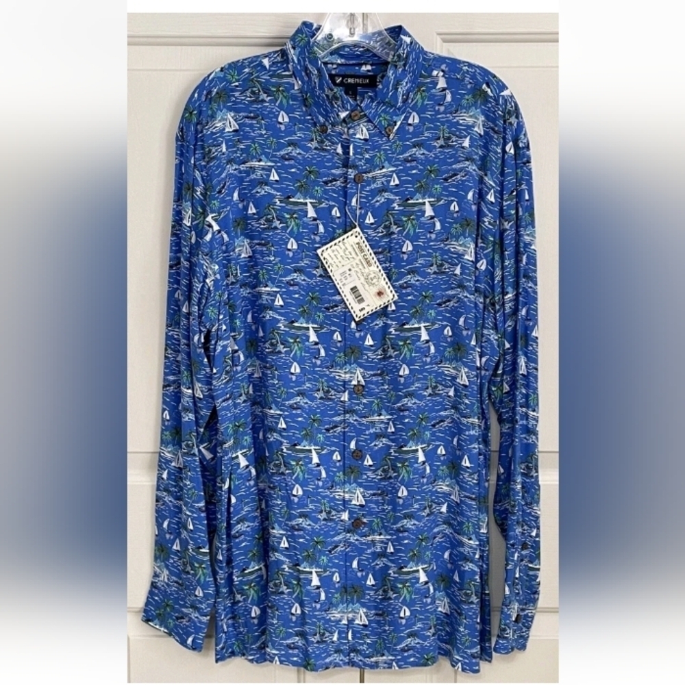 Casual Retro Sailboat XL Cabana Ocean Blue Island Print Button Down Shirt New